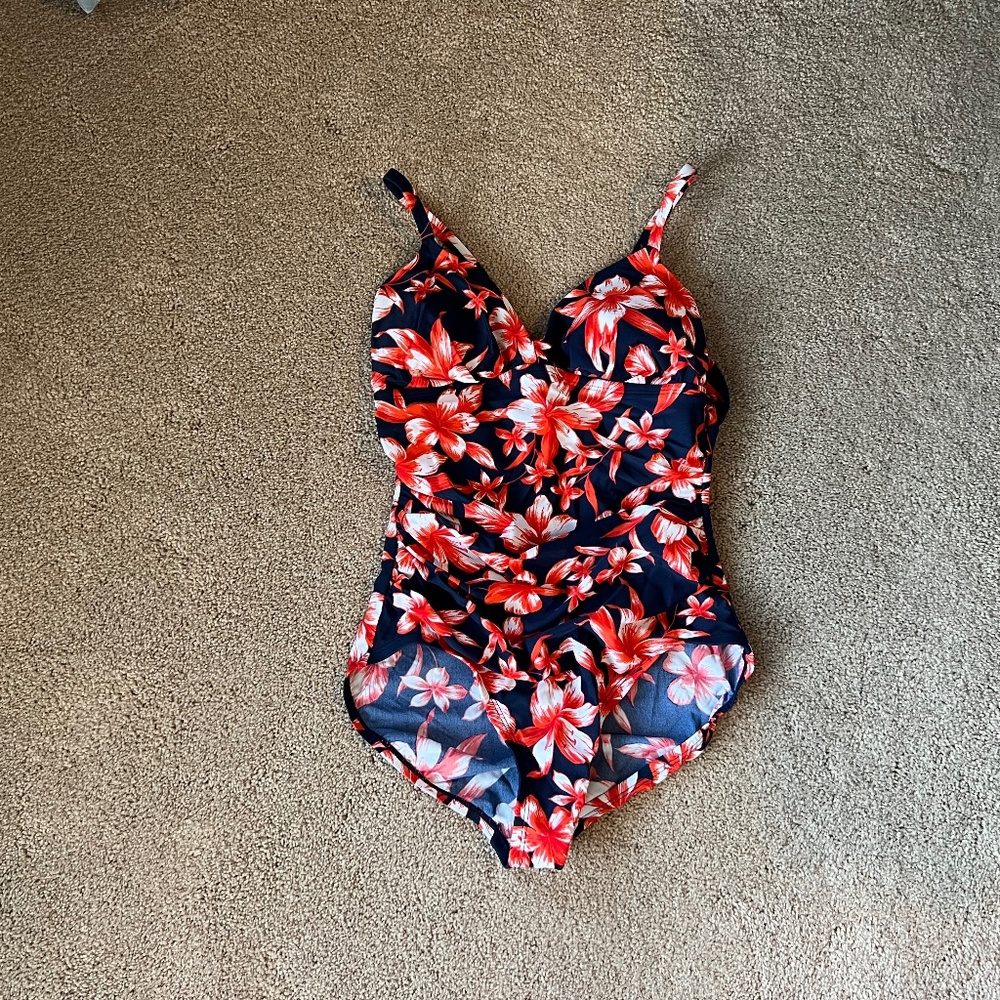 Merona Orange Floral Print Blue One Piece Swimsuit Size S